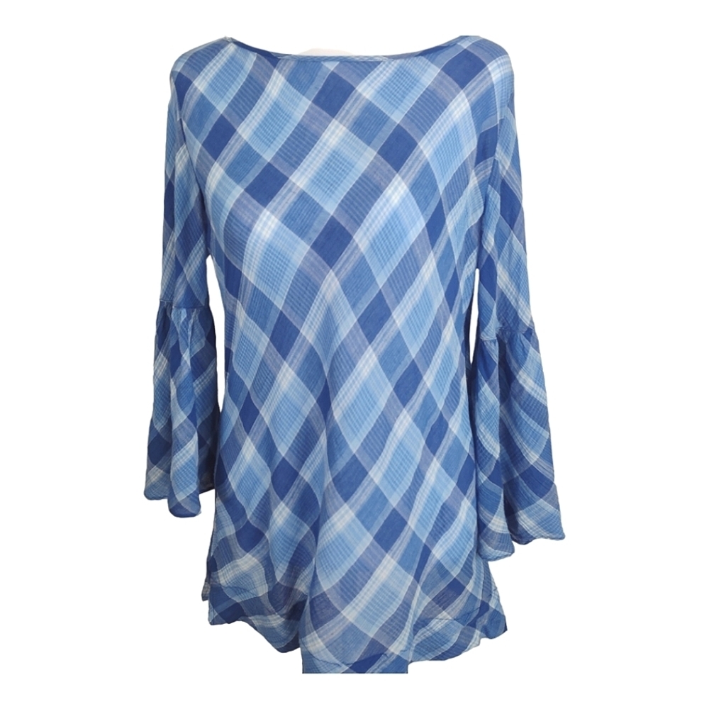 Lauren Ralph Lauren 100% Cotton Bell Sleeved Light Blue Plaid Blouse Size M - Picture 2 of 10